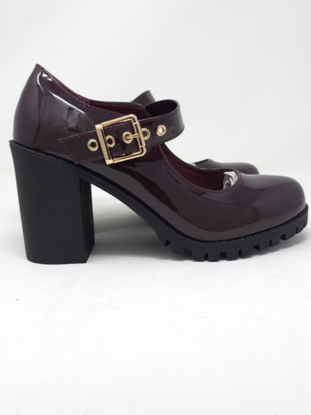 Burgundy Patent Faux Leather Mary Jane Platform Chunky Heel Lug Sole Trendy - Picture 3 of 11